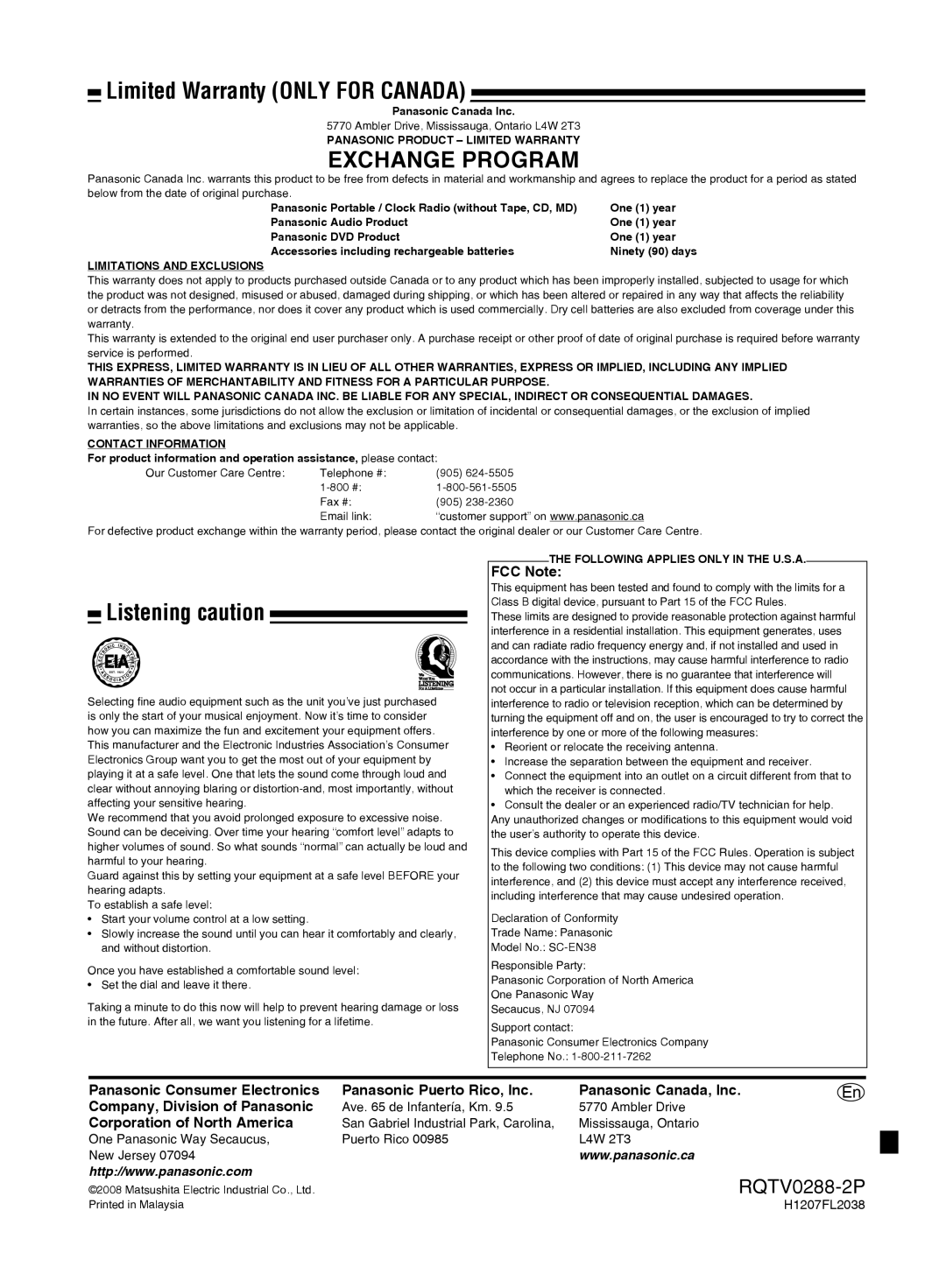 Panasonic SCEN38 important safety instructions FCC Note, Corporation of North America 