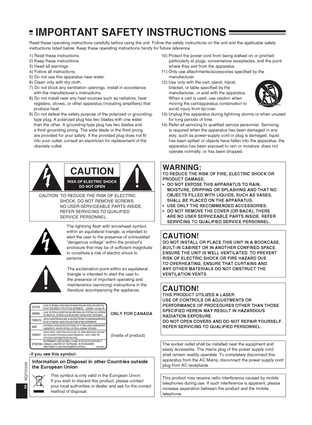 Panasonic SCEN38 important safety instructions Information on Disposal in other Countries outside, European Union 