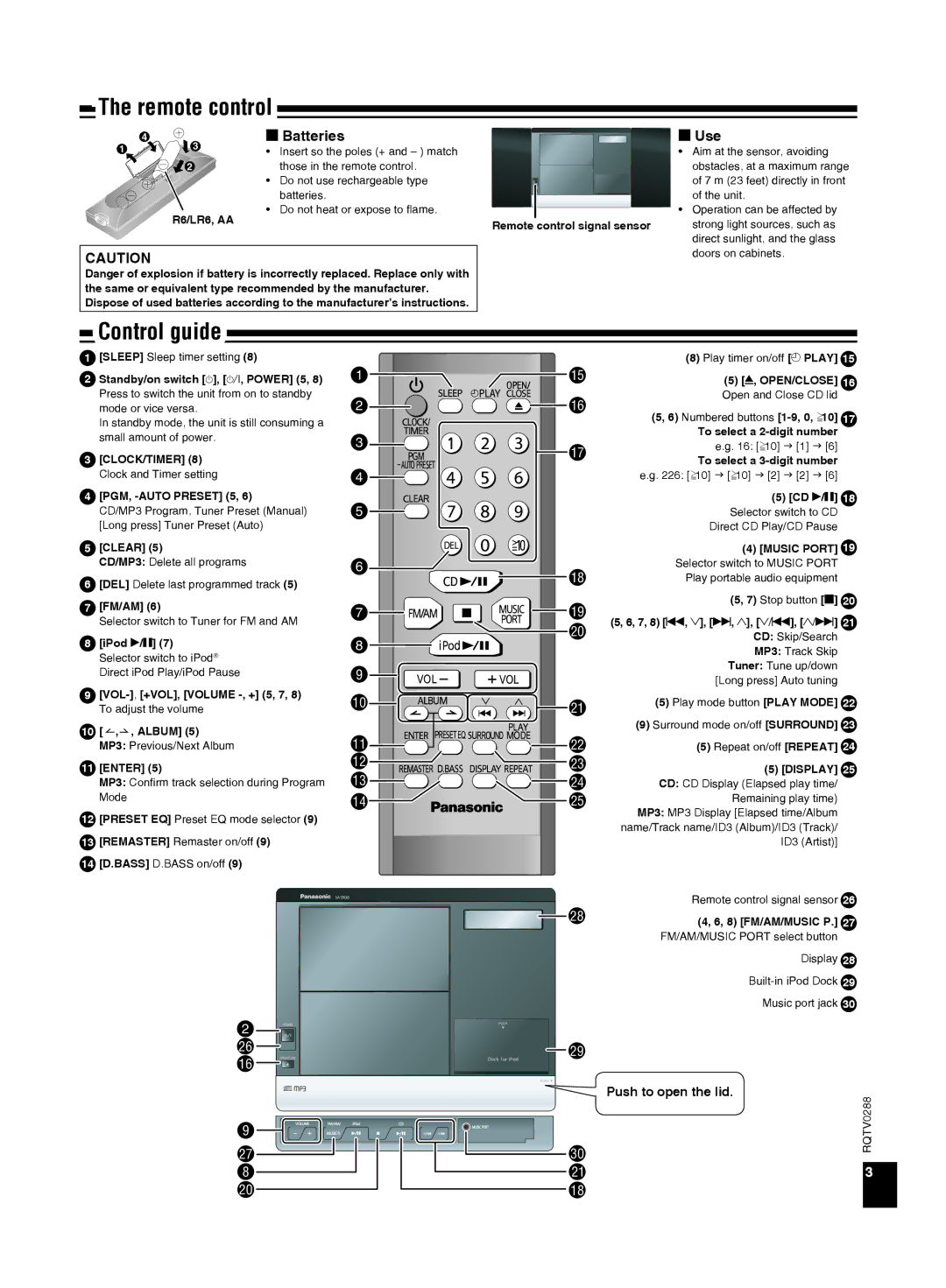 Panasonic SCEN38 important safety instructions Control guide, Batteries, Use, Clock/Timer 