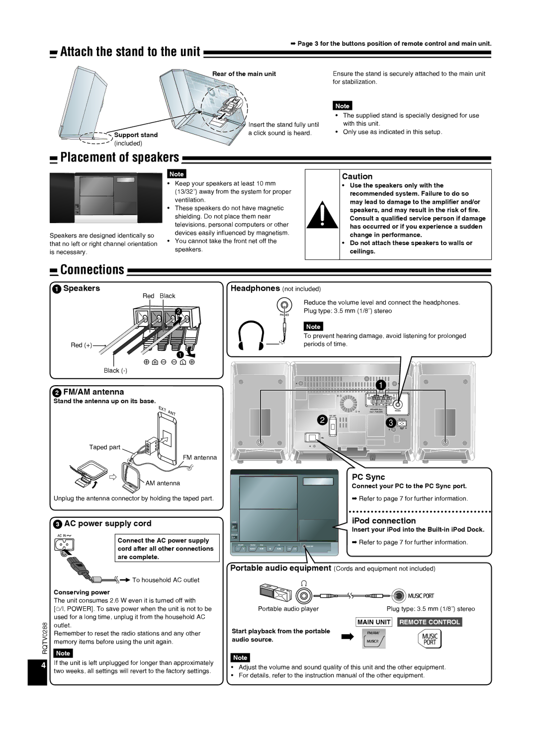 Panasonic SCEN38 important safety instructions Attach the stand to the unit, Connections 