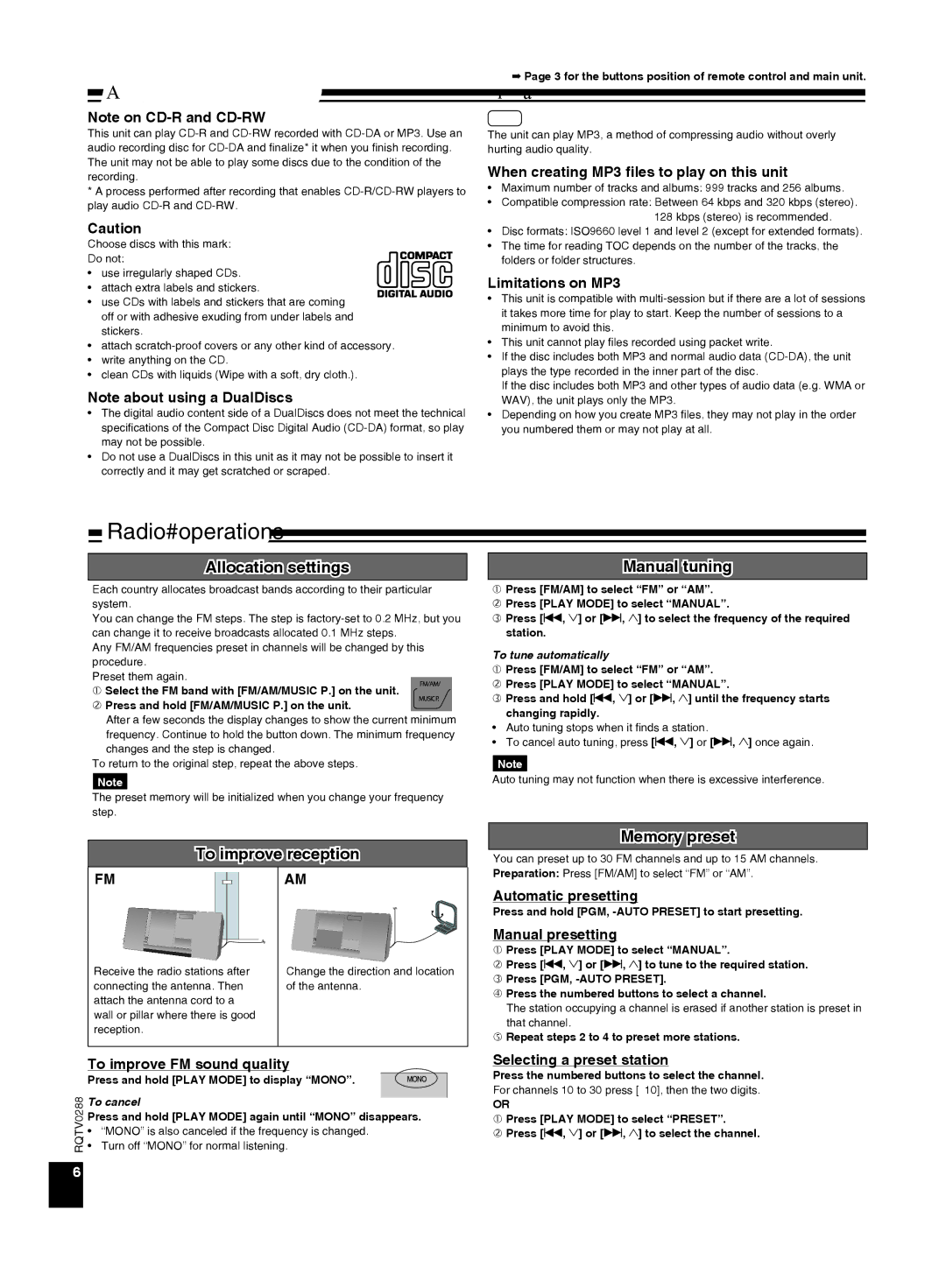 Panasonic SCEN38 Radio operations, Allocation settings, To improve reception Manual tuning, Memory preset 