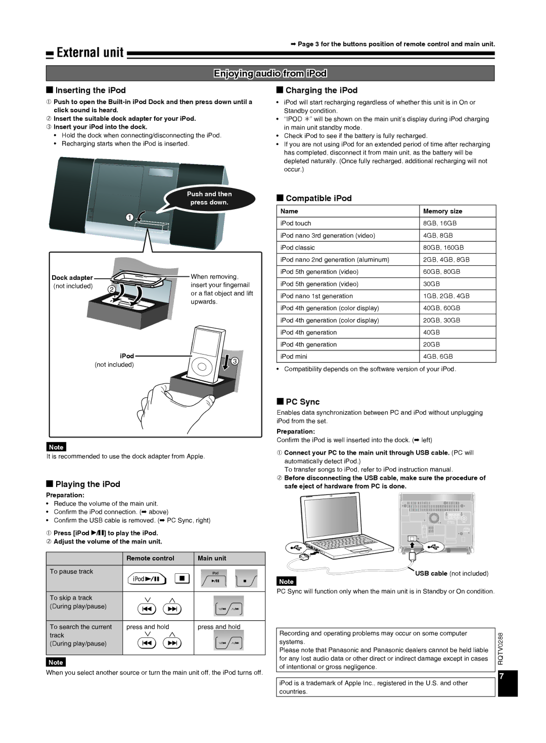 Panasonic SCEN38 important safety instructions External unit, Enjoying audio from iPod 