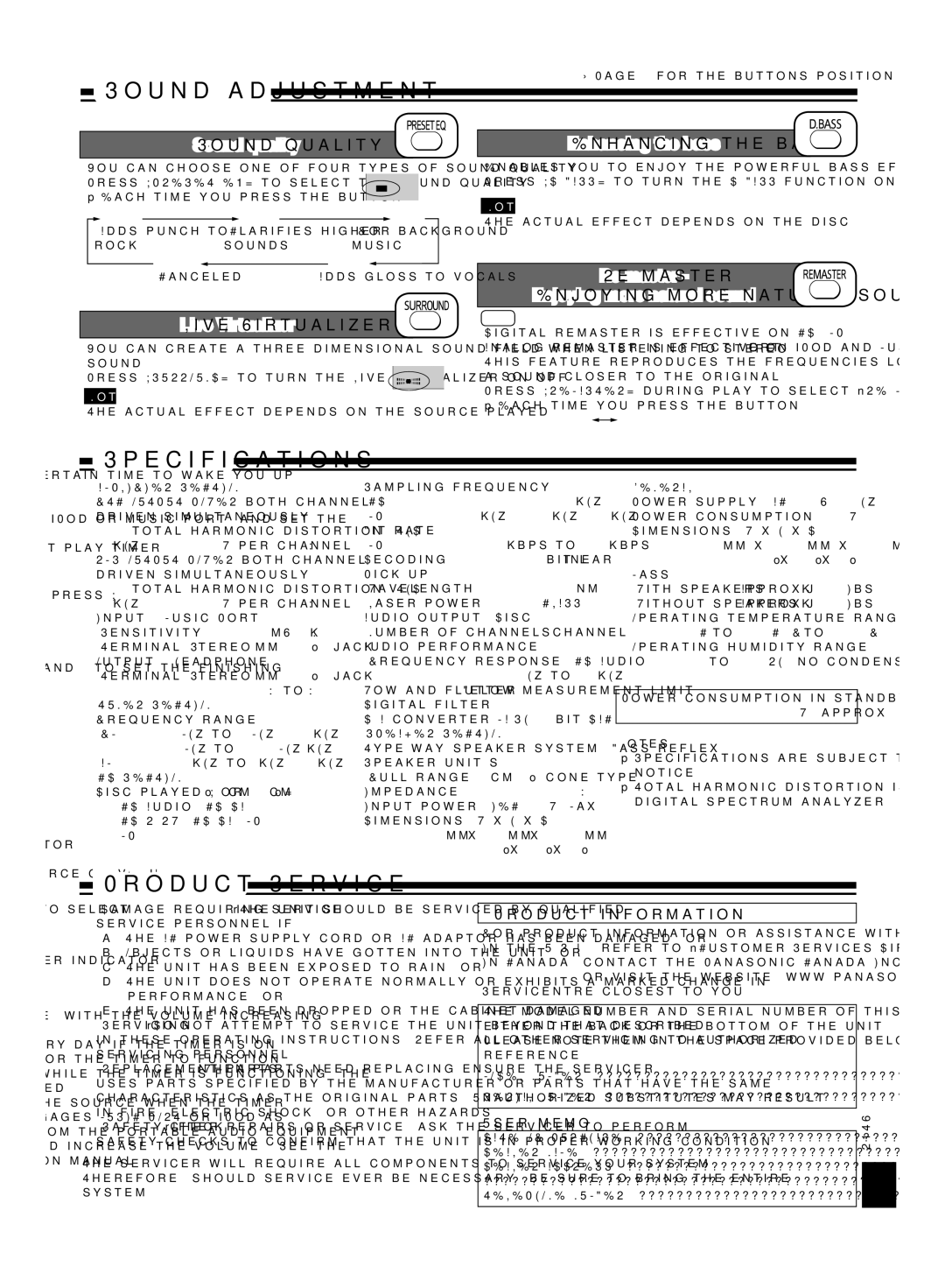 Panasonic SCEN38 important safety instructions Sound adjustment, Specifications, Product Service 