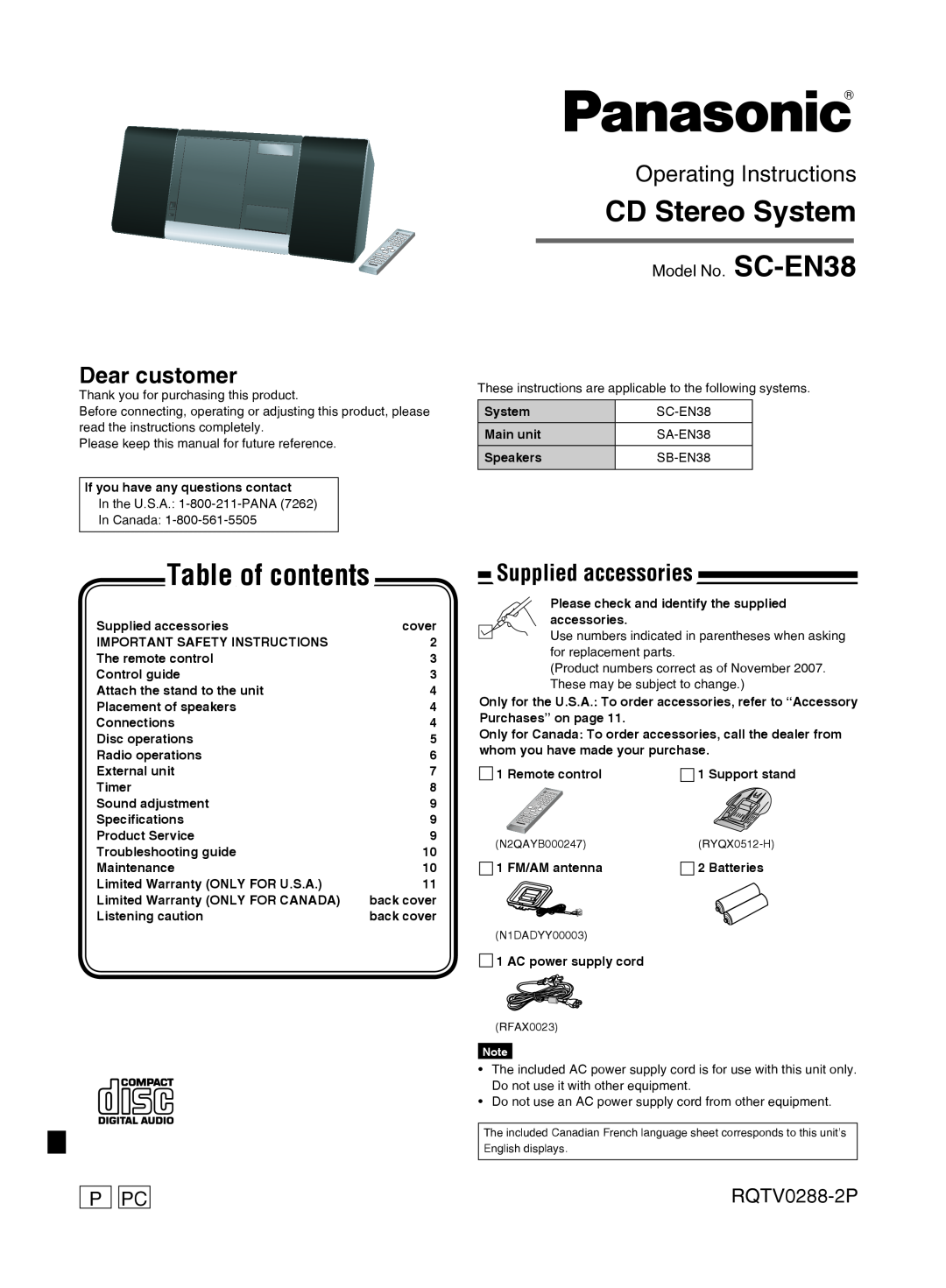 Panasonic SCEN38 important safety instructions Supplied accessories, P Pc, RQTV0288-2P, Model No. SC-EN38 