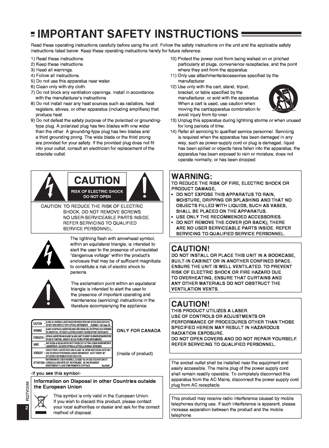 Panasonic SCEN38 important safety instructions Important Safety Instructions, the European Union 