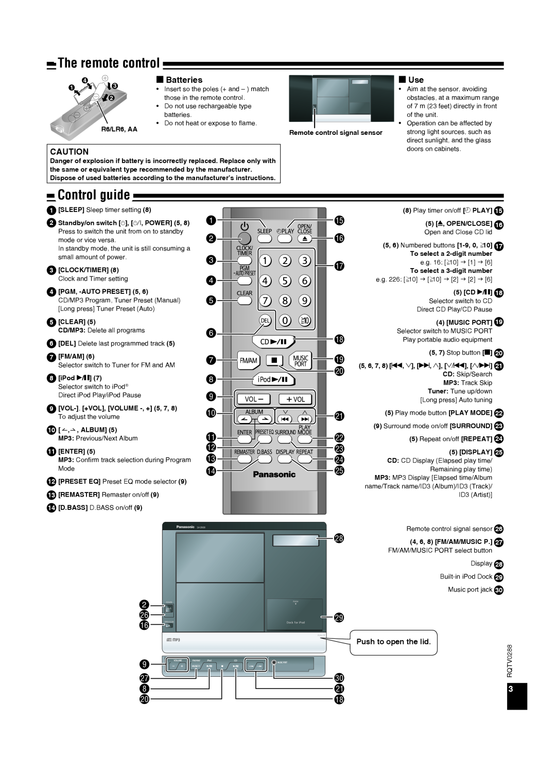 Panasonic SCEN38 important safety instructions Control guide, g Batteries, g Use 