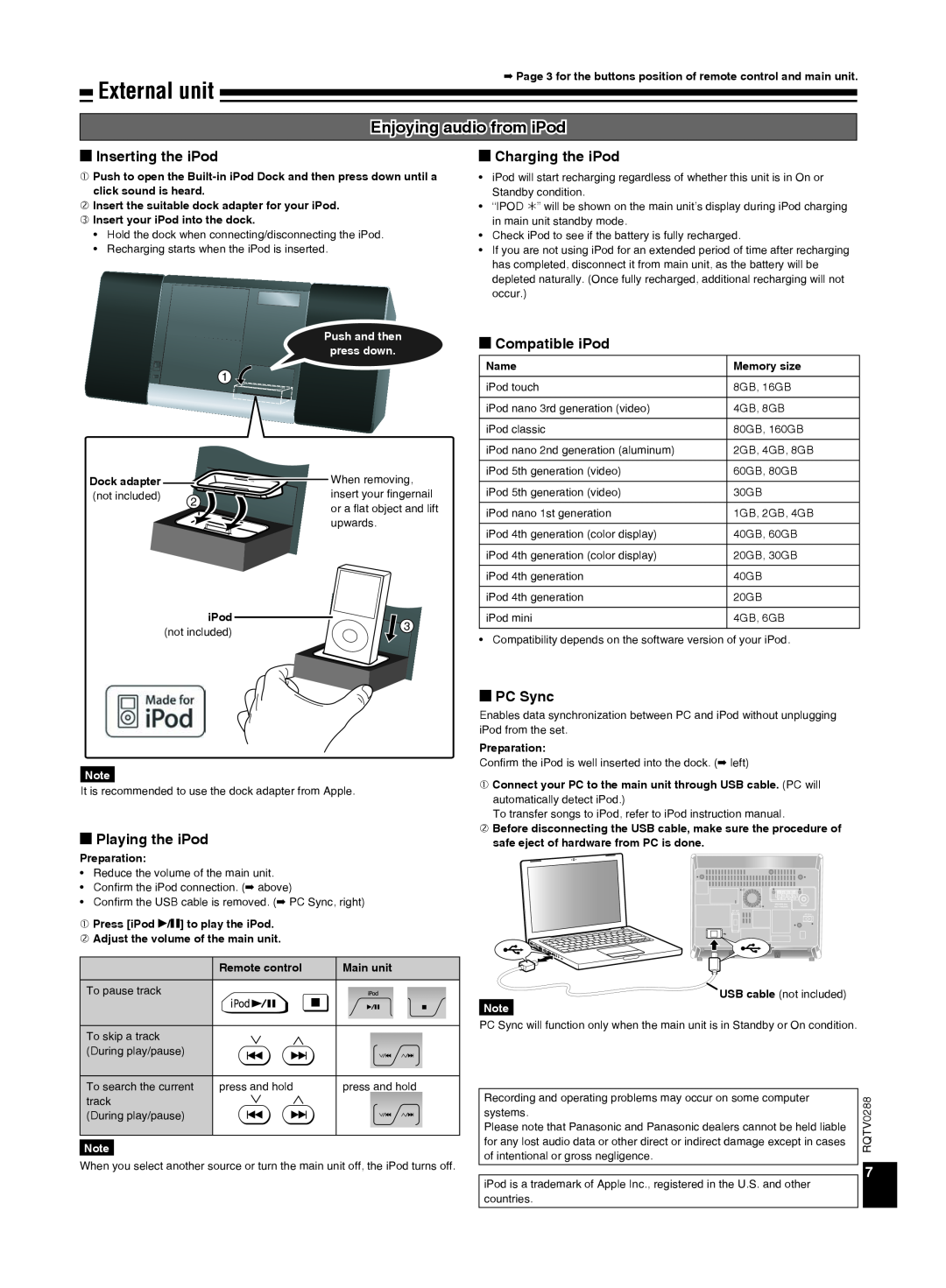 Panasonic SCEN38 important safety instructions External unit, Enjoying audio from iPod, Push and then press down 
