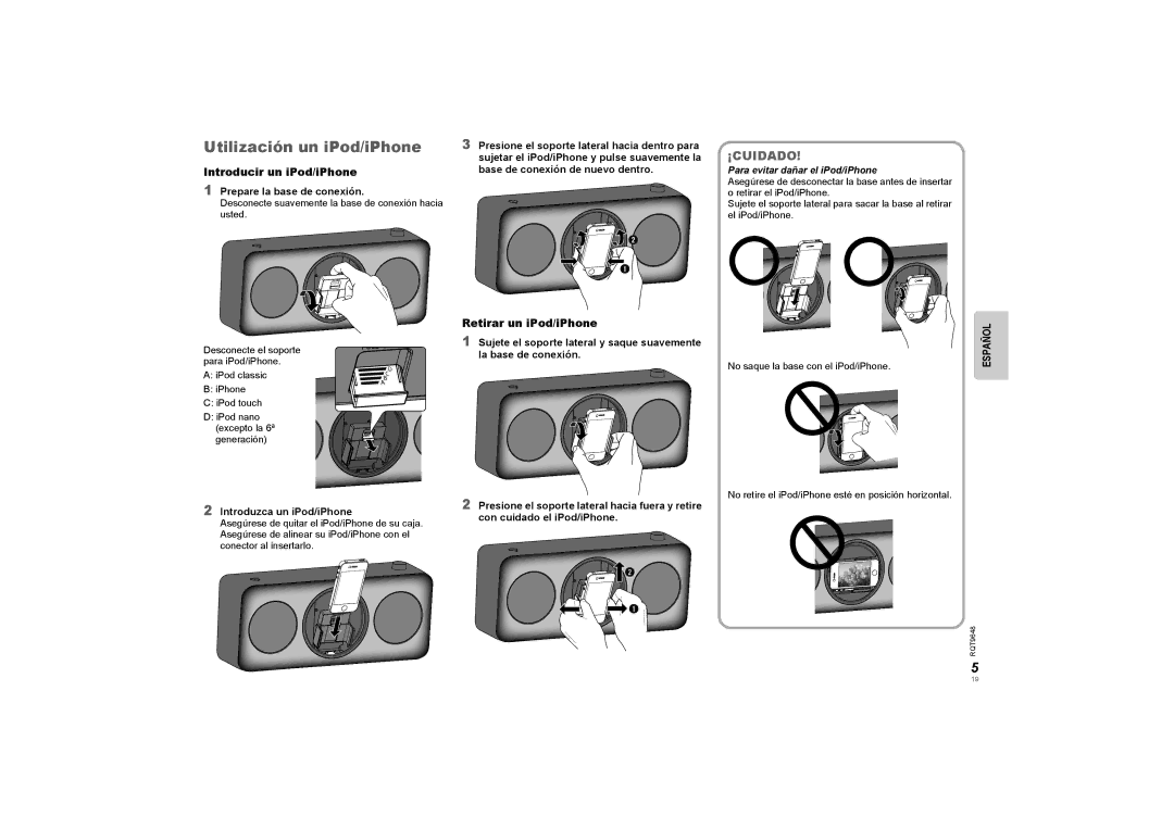 Panasonic SCGT07 manual Utilización un iPod/iPhone, Introducir un iPod/iPhone, Retirar un iPod/iPhone, Español 