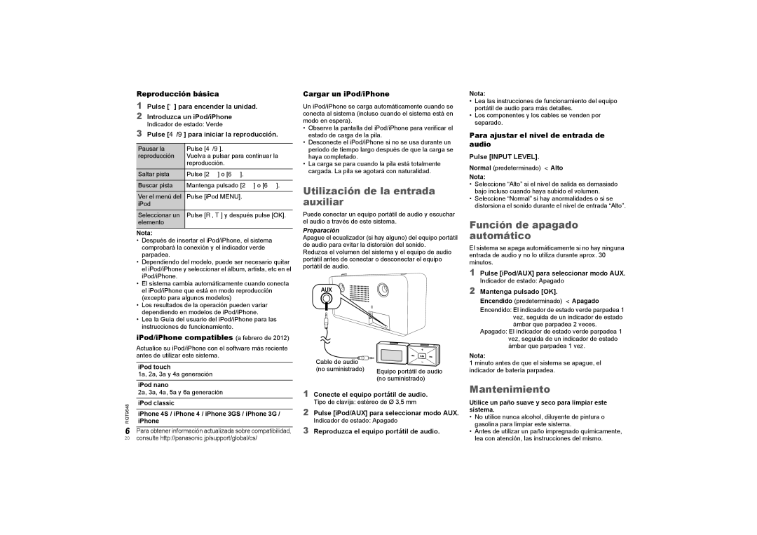 Panasonic SCGT07 manual Utilización de la entrada auxiliar, Función de apagado automático, Mantenimiento 