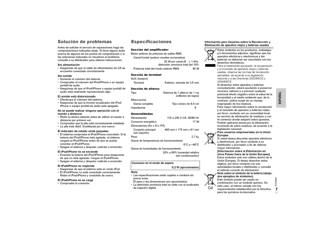 Panasonic SCGT07 manual Solución de problemas, Especificaciones 