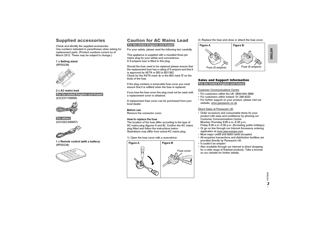 Panasonic SCGT07 manual Supplied accessories, English, Sales and Support Information 