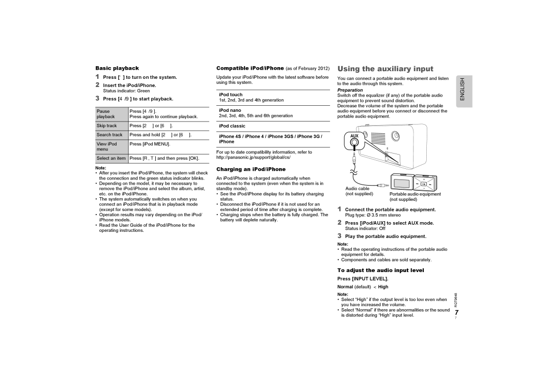 Panasonic SCGT07 Using the auxiliary input, Basic playback, Compatible iPod/iPhone as of February, Charging an iPod/iPhone 