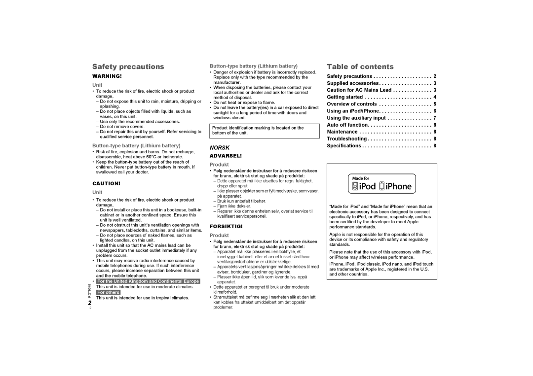 Panasonic SCGT07 Safety precautions, Table of contents, Norsk, Unit, Button-typebattery Lithium battery, Advarsel, Produkt 