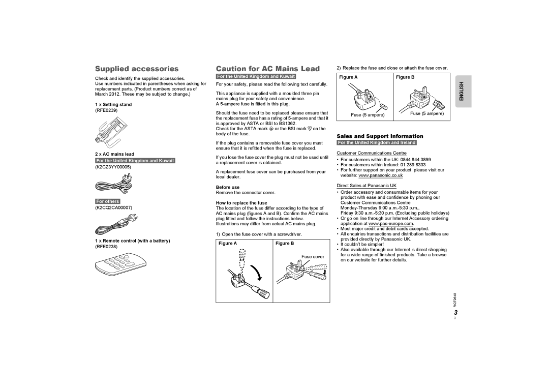 Panasonic SCGT07 manual Supplied accessories, Caution for AC Mains Lead, English, Sales and Support Information, For others 