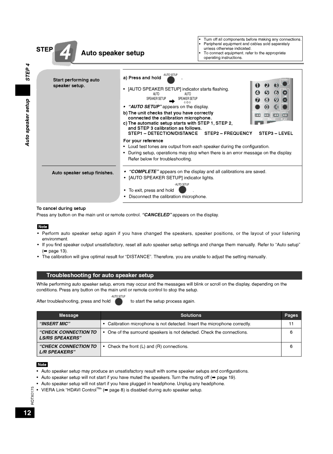 Panasonic SCHT56 Auto speaker setup, Troubleshooting for auto speaker setup, DETECTION/DISTANCE  Frequency  Level 