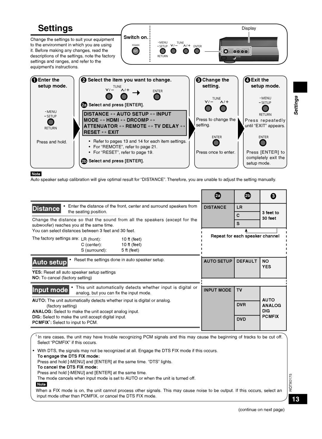 Panasonic SCHT56 operating instructions Settings, Switch on, Auto Setup Default YES Input Mode DVR Analog DIG Pcmfix DVD 