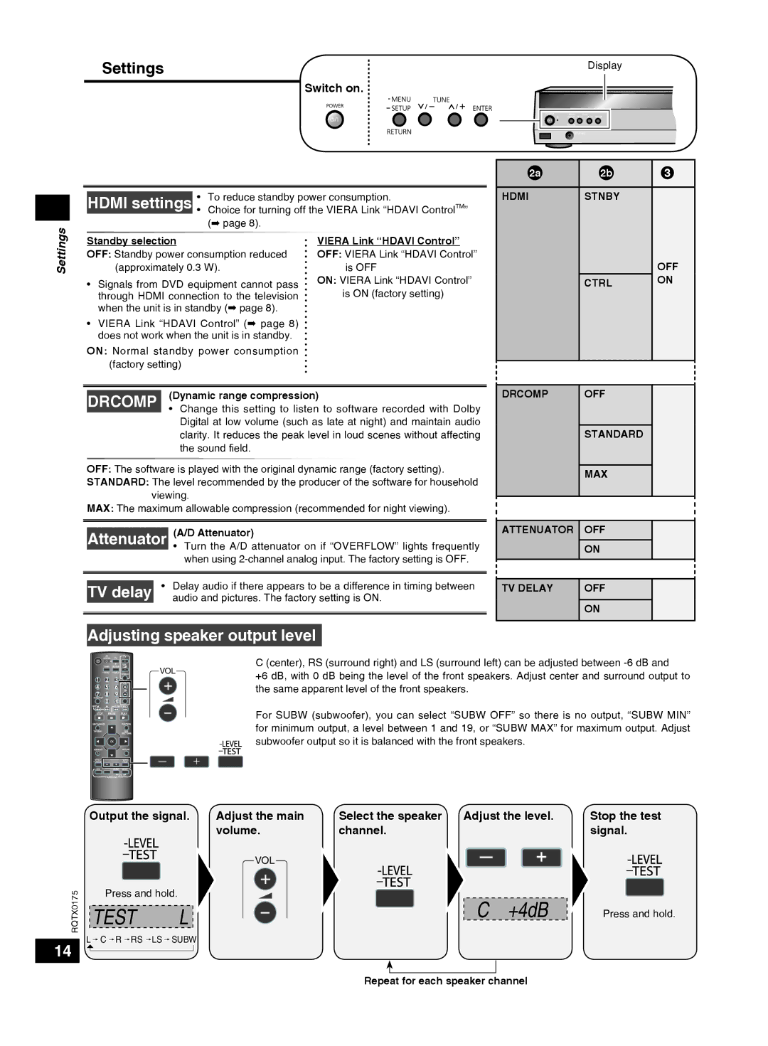 Panasonic SCHT56 operating instructions Settings, Off, Ctrl Drcomp OFF Standard MAX Attenuator OFF TV Delay 