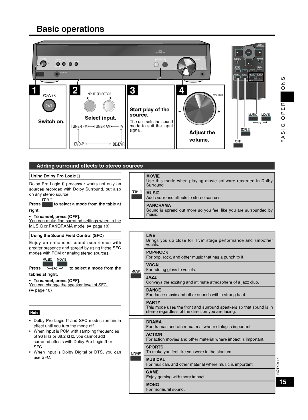 Panasonic SCHT56 operating instructions Basic operations, Adding surround effects to stereo sources 