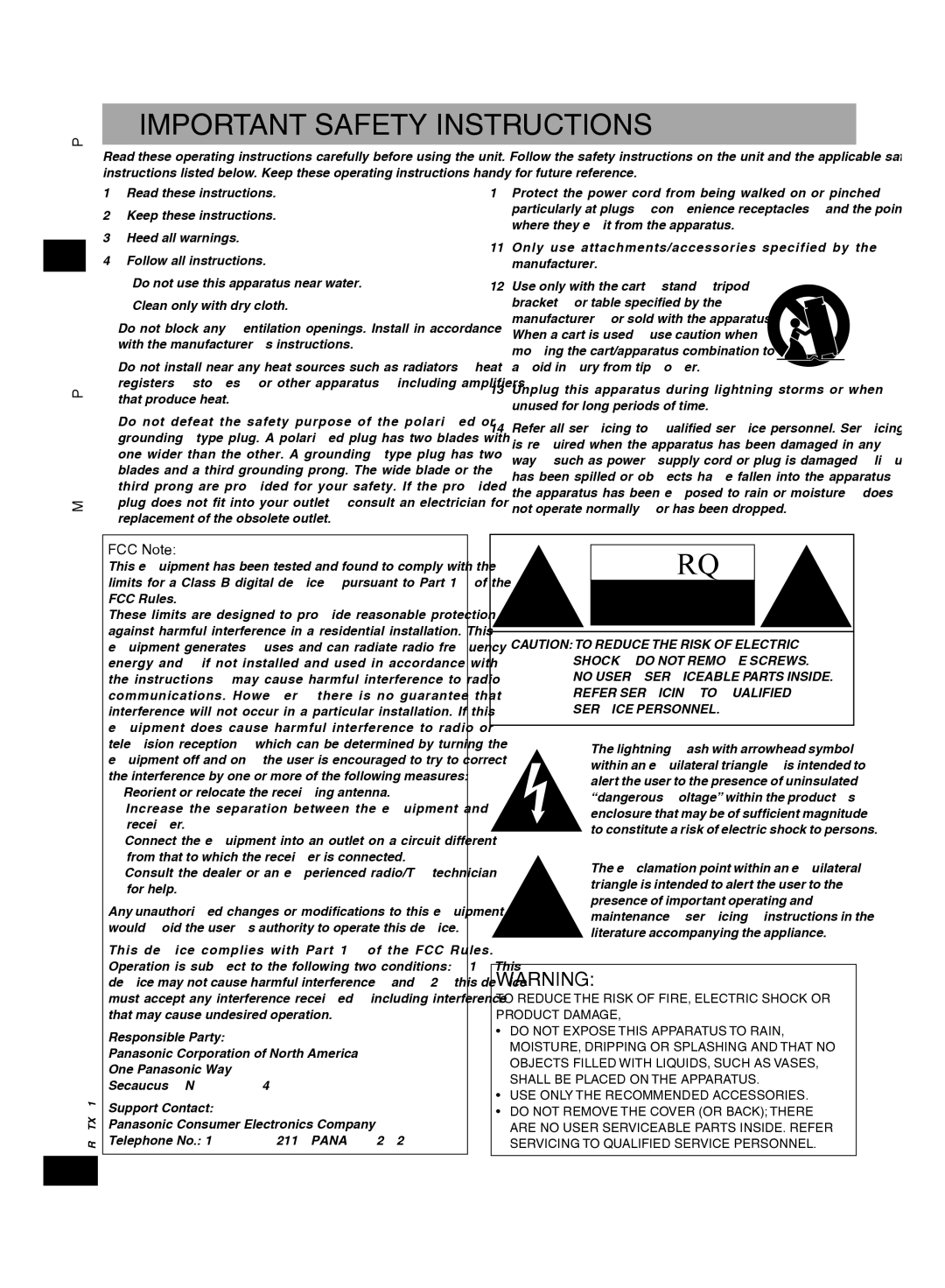 Panasonic SCHT56 operating instructions Important Safety Instructions, FCC Note 