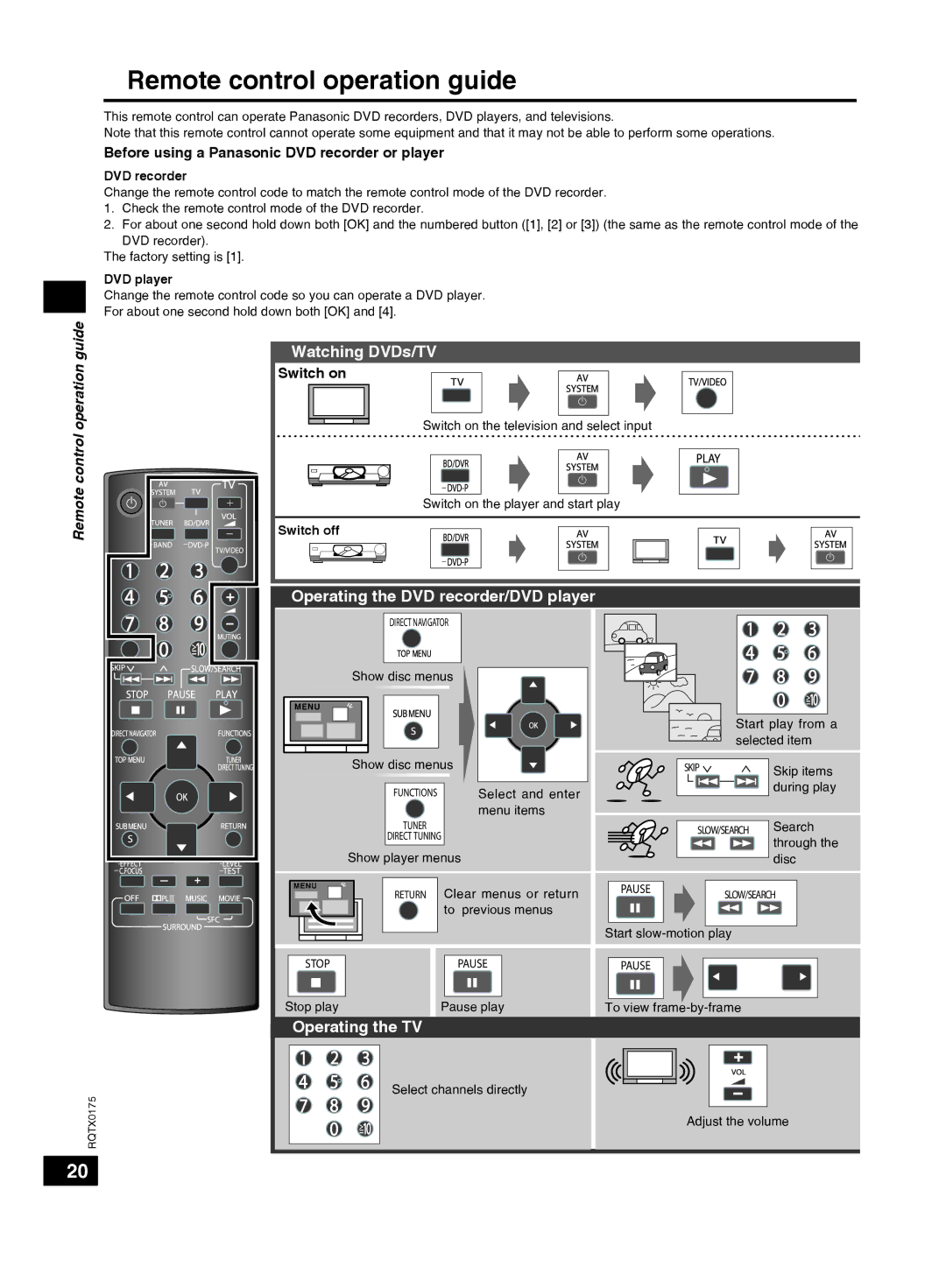 Panasonic SCHT56 Remote control operation guide, Watching DVDs/TV, Operating the DVD recorder/DVD player, Operating the TV 