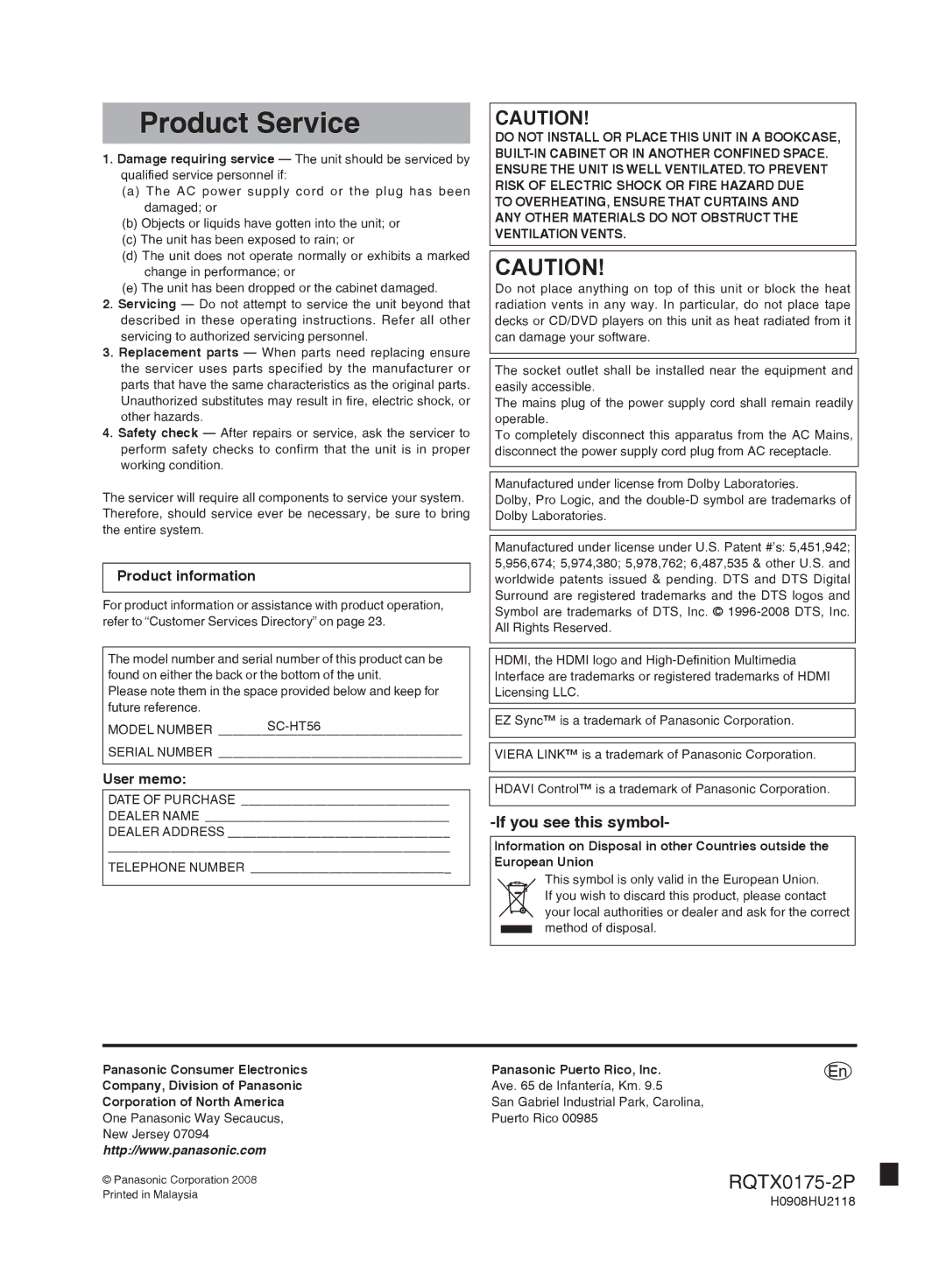 Panasonic SCHT56 operating instructions Product information, User memo 