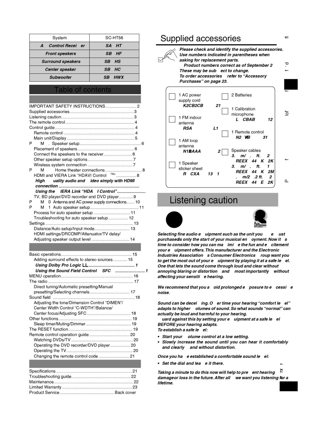 Panasonic SCHT56 operating instructions Supplied accessories/Listening caution, SC-HT56, Important Safety Instructions 