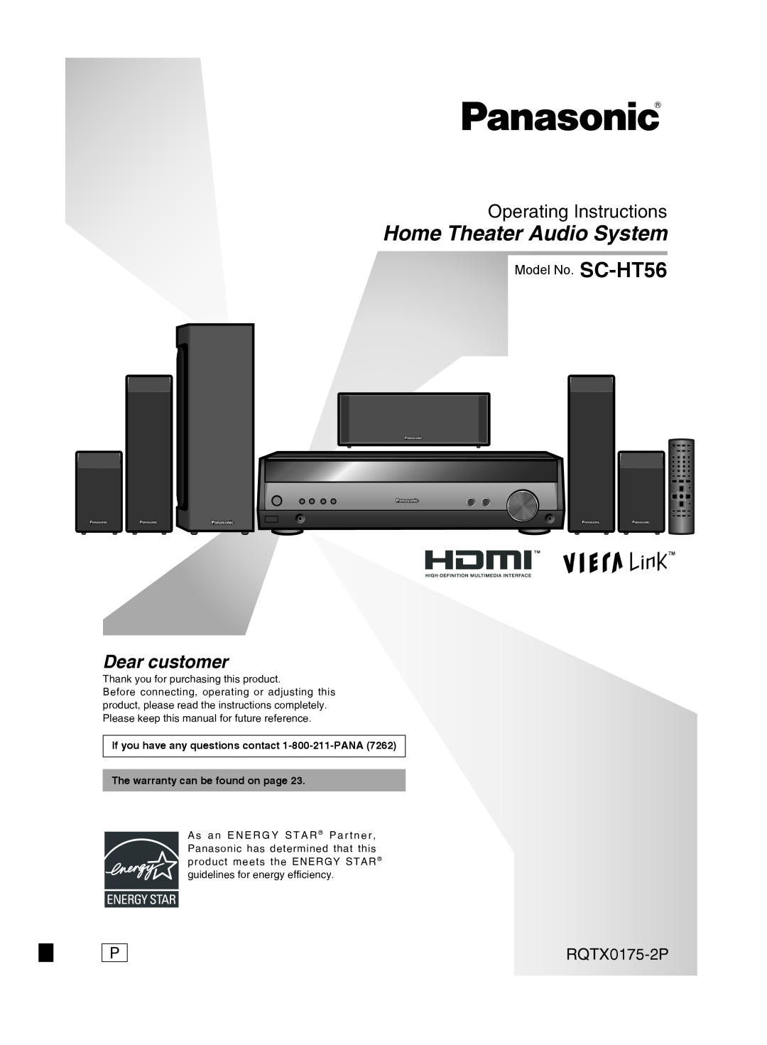 Panasonic SCHT56 operating instructions RQTX0175-2P, Home Theater Audio System, Operating Instructions, Model No. SC-HT56 
