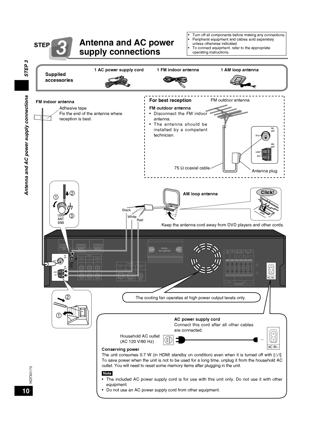 Panasonic SCHT56 operating instructions Antenna and AC power, Step, AC power supply connections 