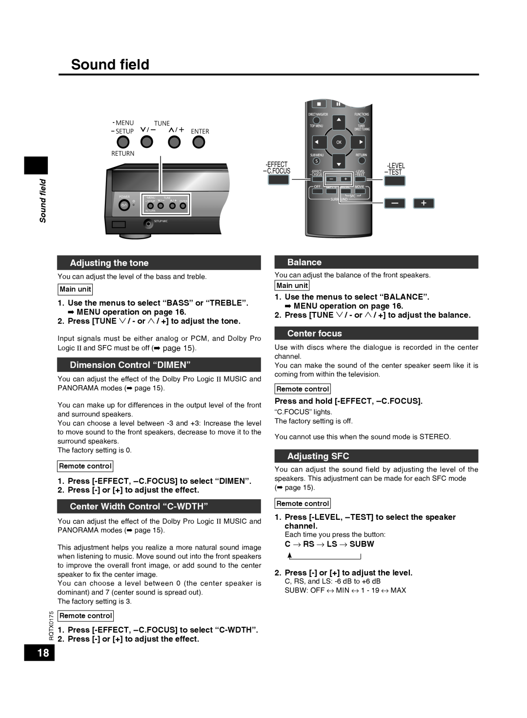 Panasonic SCHT56 Sound ﬁeld, Adjusting the tone, Dimension Control “DIMEN”, Balance, Center focus, Adjusting SFC 