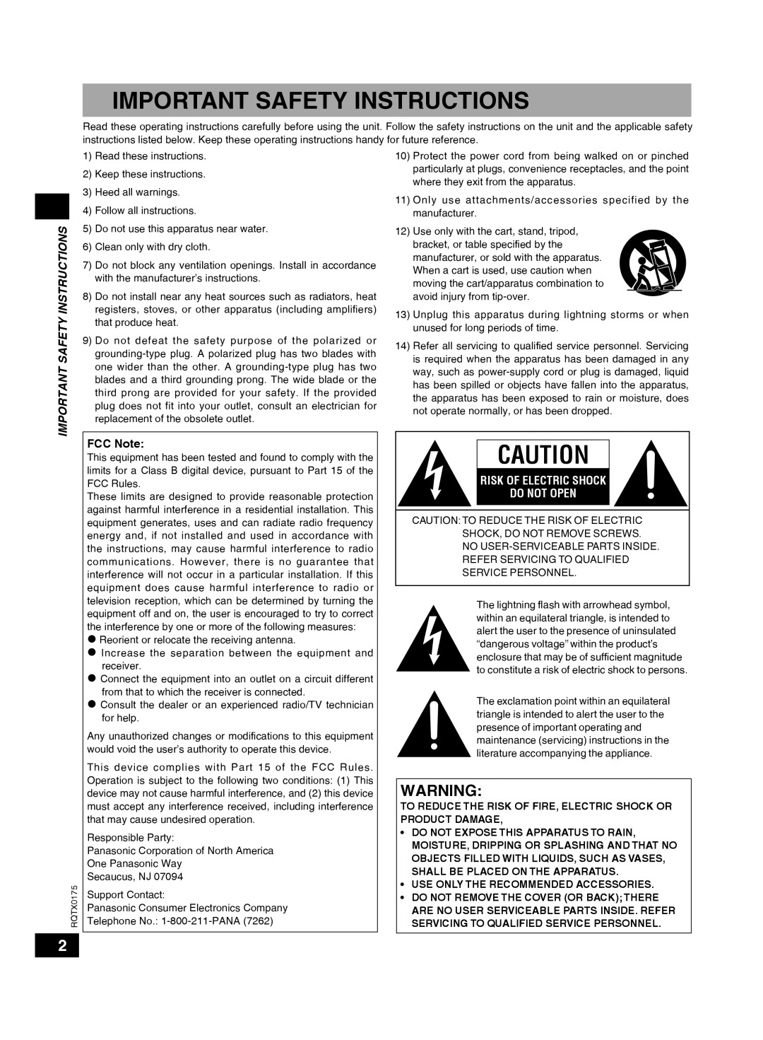 Panasonic SCHT56 operating instructions Important Safety Instructions, Risk Of Electric Shock Do Not Open 
