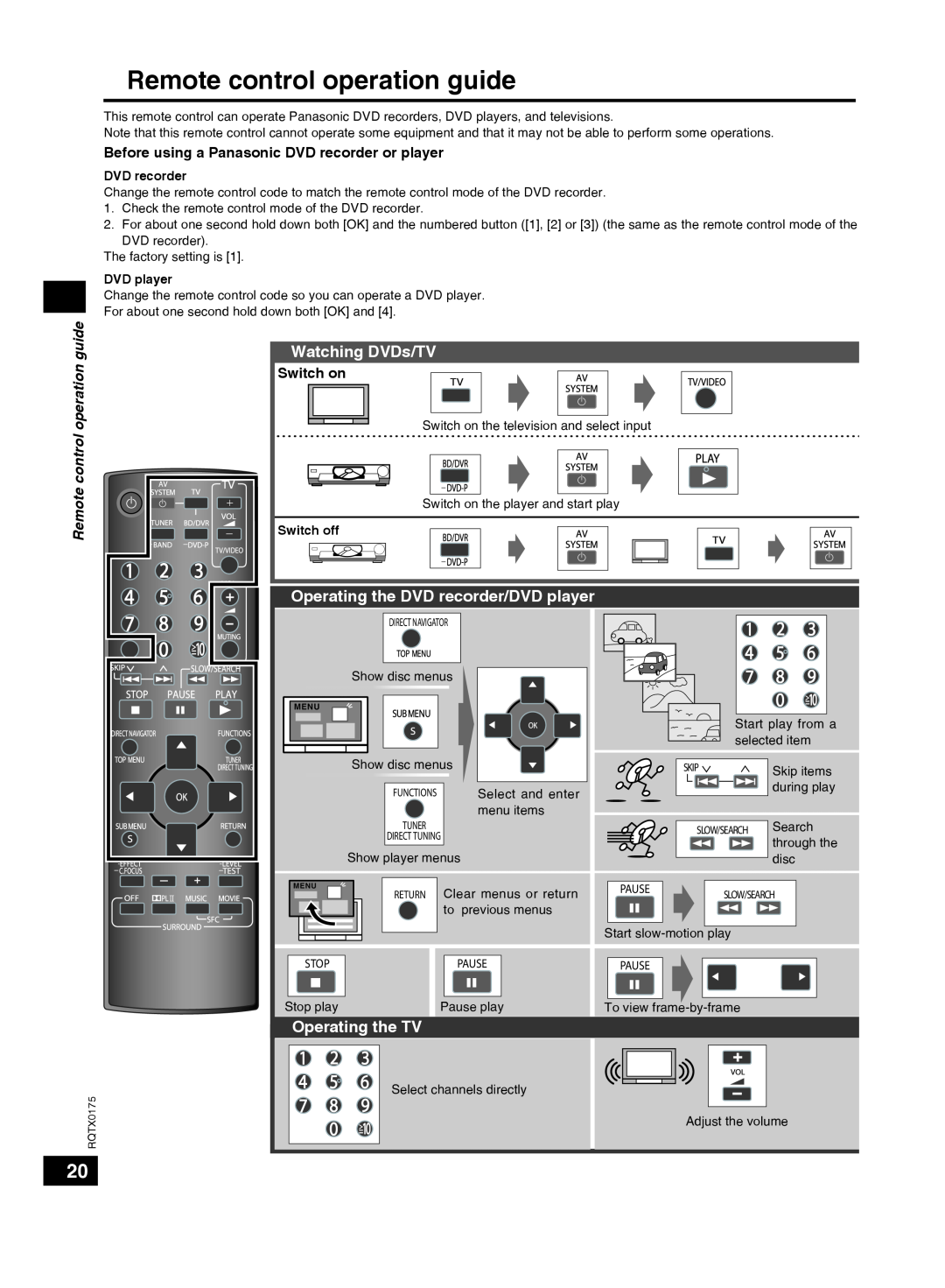 Panasonic SCHT56 Remote control operation guide, Watching DVDs/TV, Operating the DVD recorder/DVD player, Operating the TV 