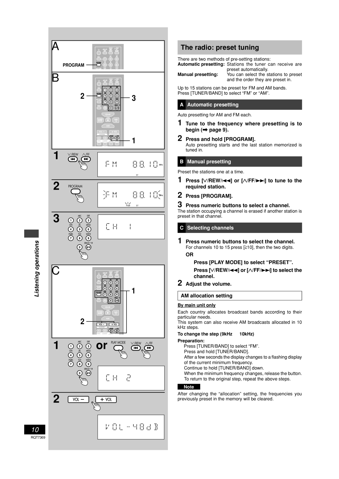 Panasonic SCPM19 Radio preset tuning, Listening operations, Automatic presetting, Manual presetting, Selecting channels 