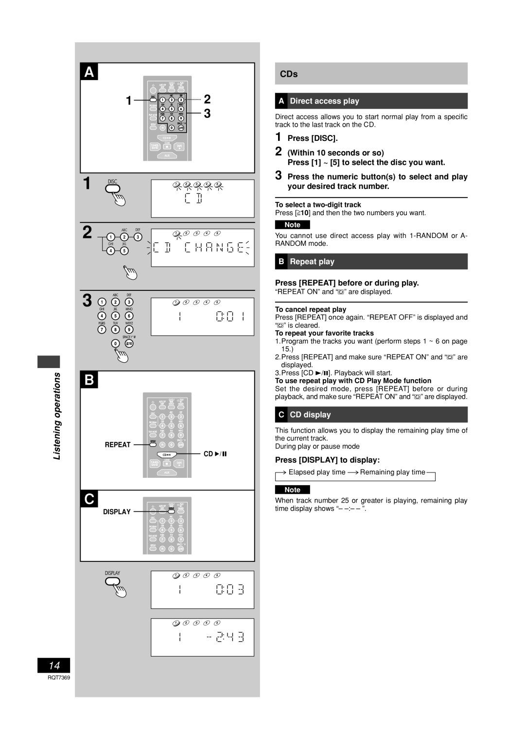 Panasonic SCPM19 Direct access play, Repeat play, Press Repeat before or during play, CD display, Press Display to display 