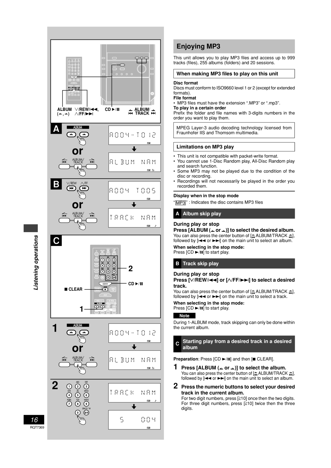 Panasonic SCPM19 Enjoying MP3, Album skip play, Track skip play, Starting play from a desired track in a desired album 