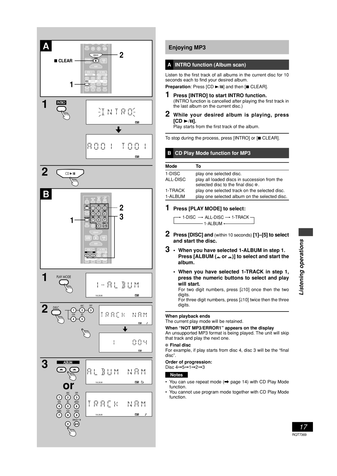 Panasonic SCPM19 operating instructions Intro function Album scan, CD Play Mode function for MP3 