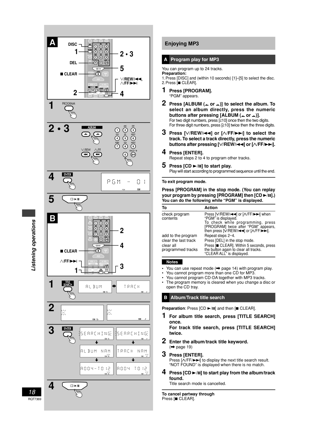 Panasonic SCPM19 operating instructions Program play for MP3, Press CD 3/8 to start play, Album/Track title search 