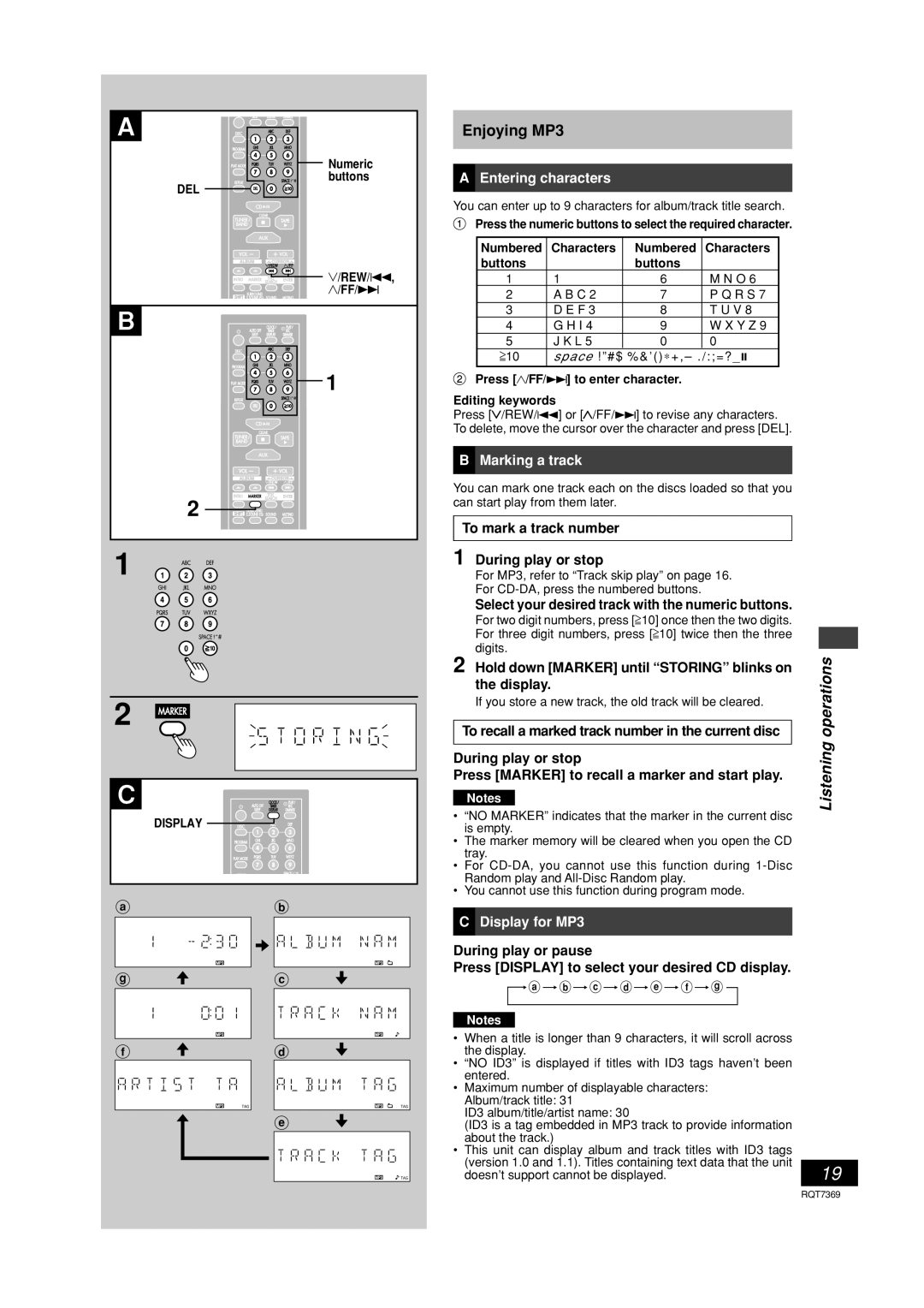 Panasonic SCPM19 operating instructions Entering characters, Display for MP3 