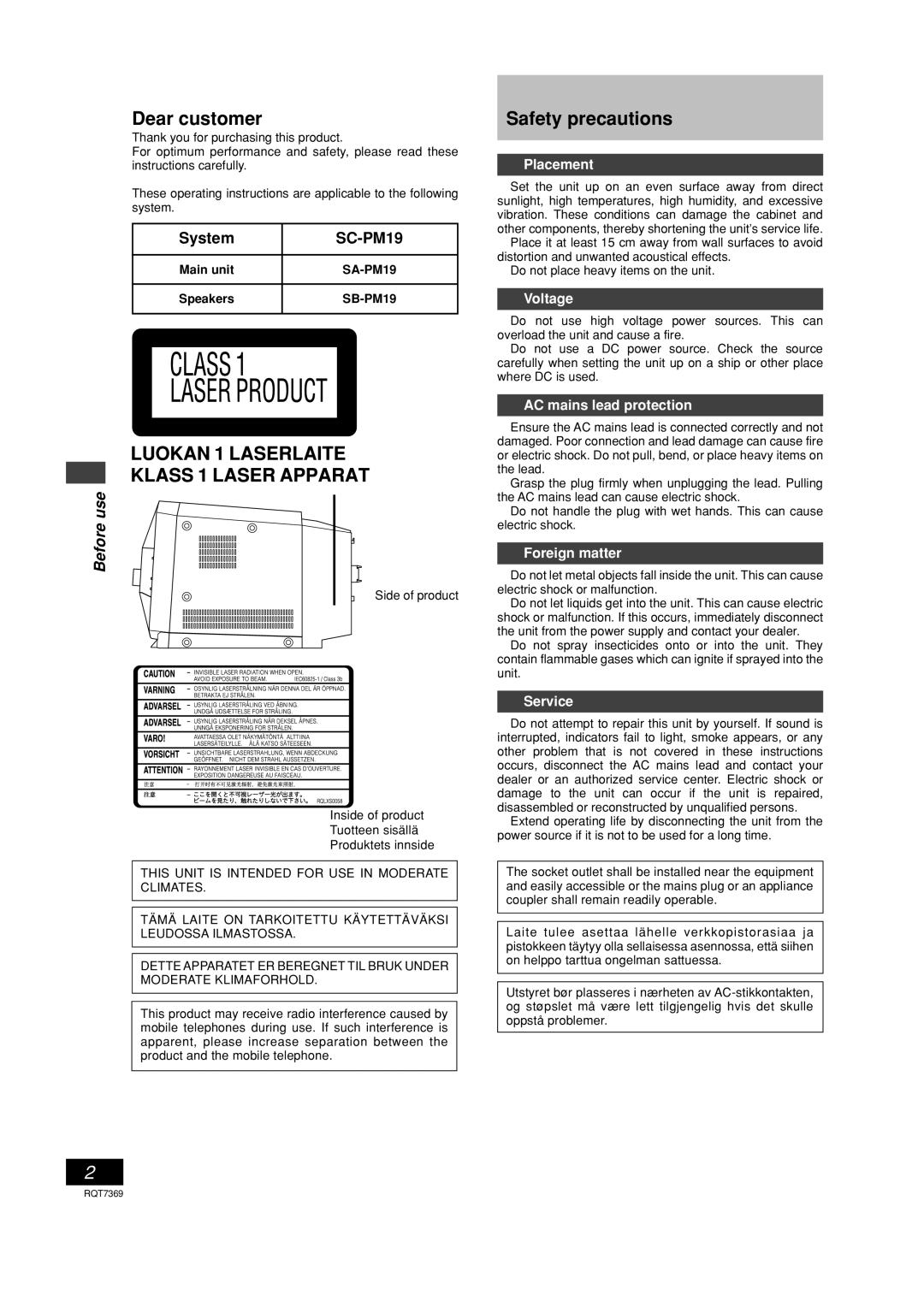 Panasonic SCPM19 operating instructions Dear customer, Safety precautions, Before use 