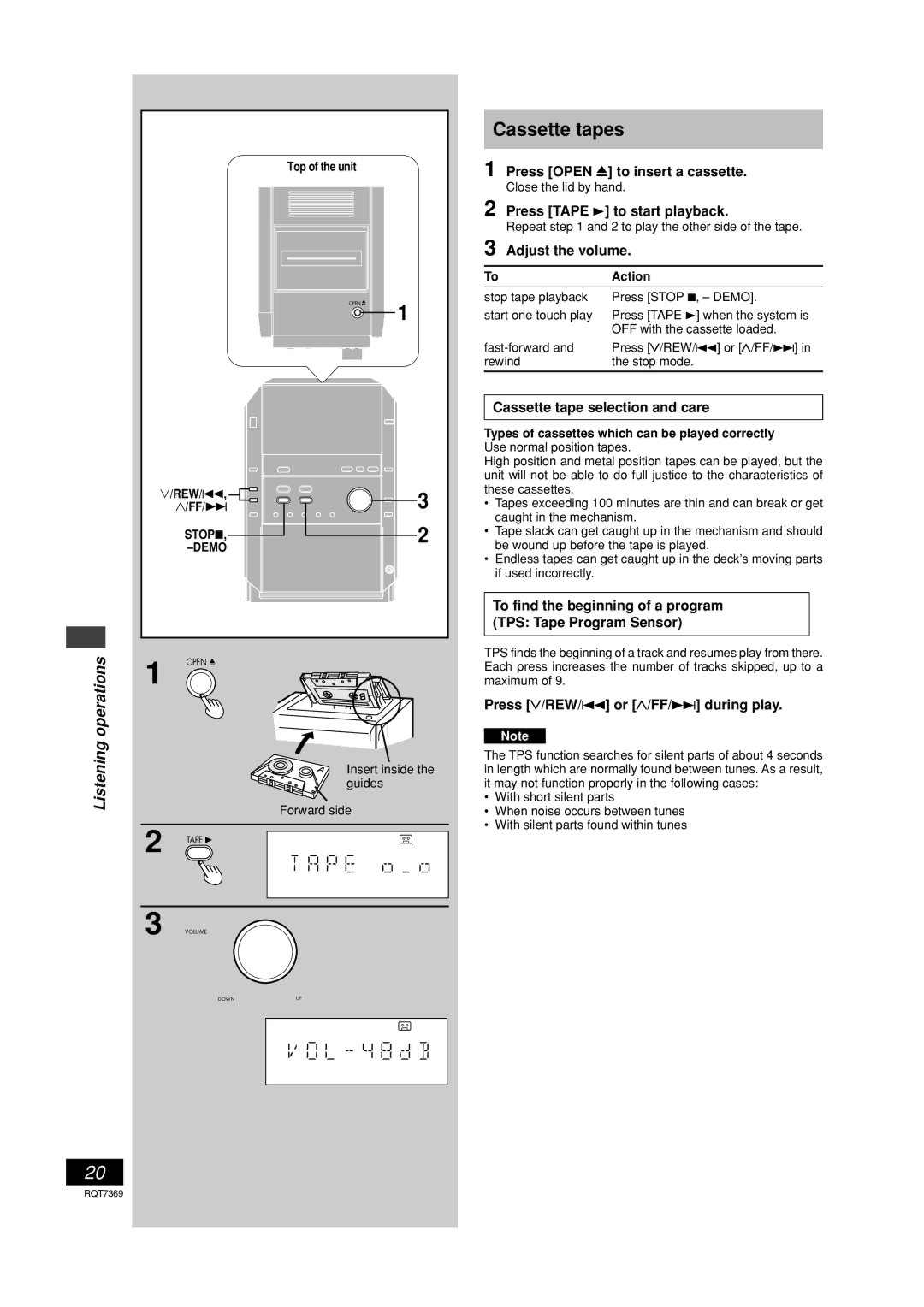 Panasonic SCPM19 operating instructions Cassette tapes 