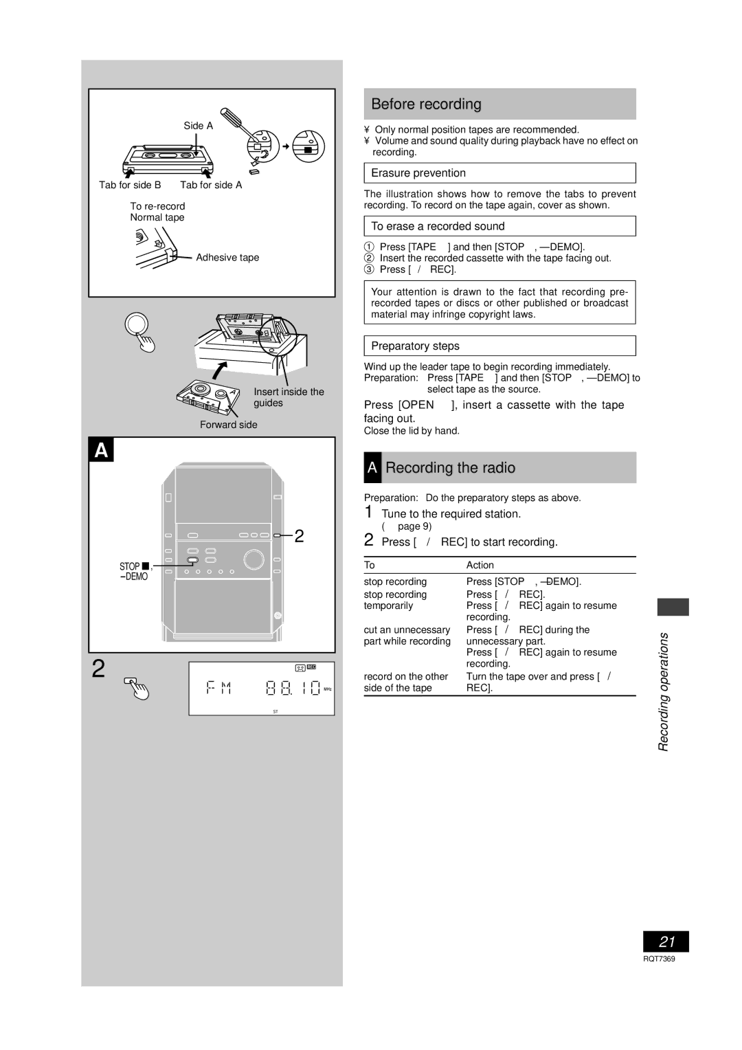 Panasonic SCPM19 operating instructions Before recording, Recording the radio 