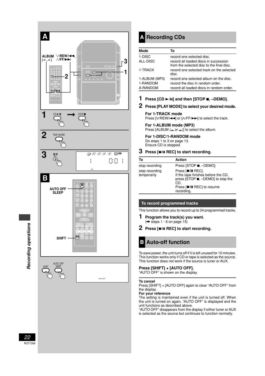 Panasonic SCPM19 operating instructions Recording CDs, Auto-off function, Operations, To record programmed tracks 