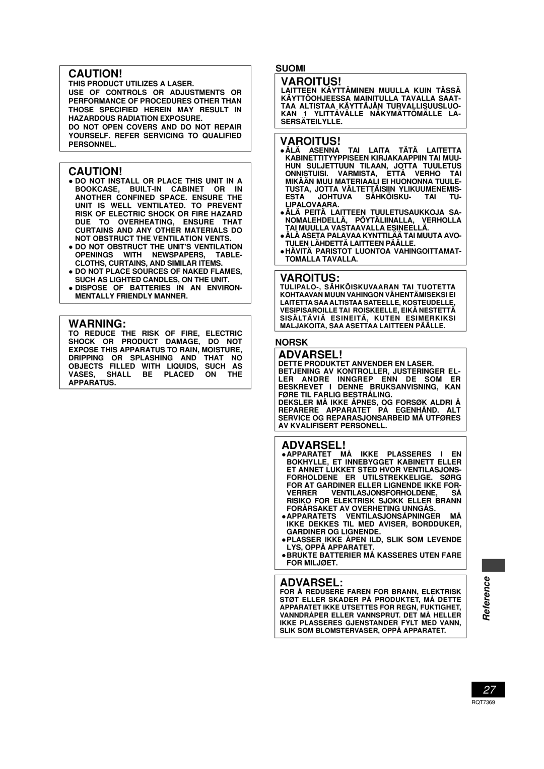 Panasonic SCPM19 operating instructions Varoitus 