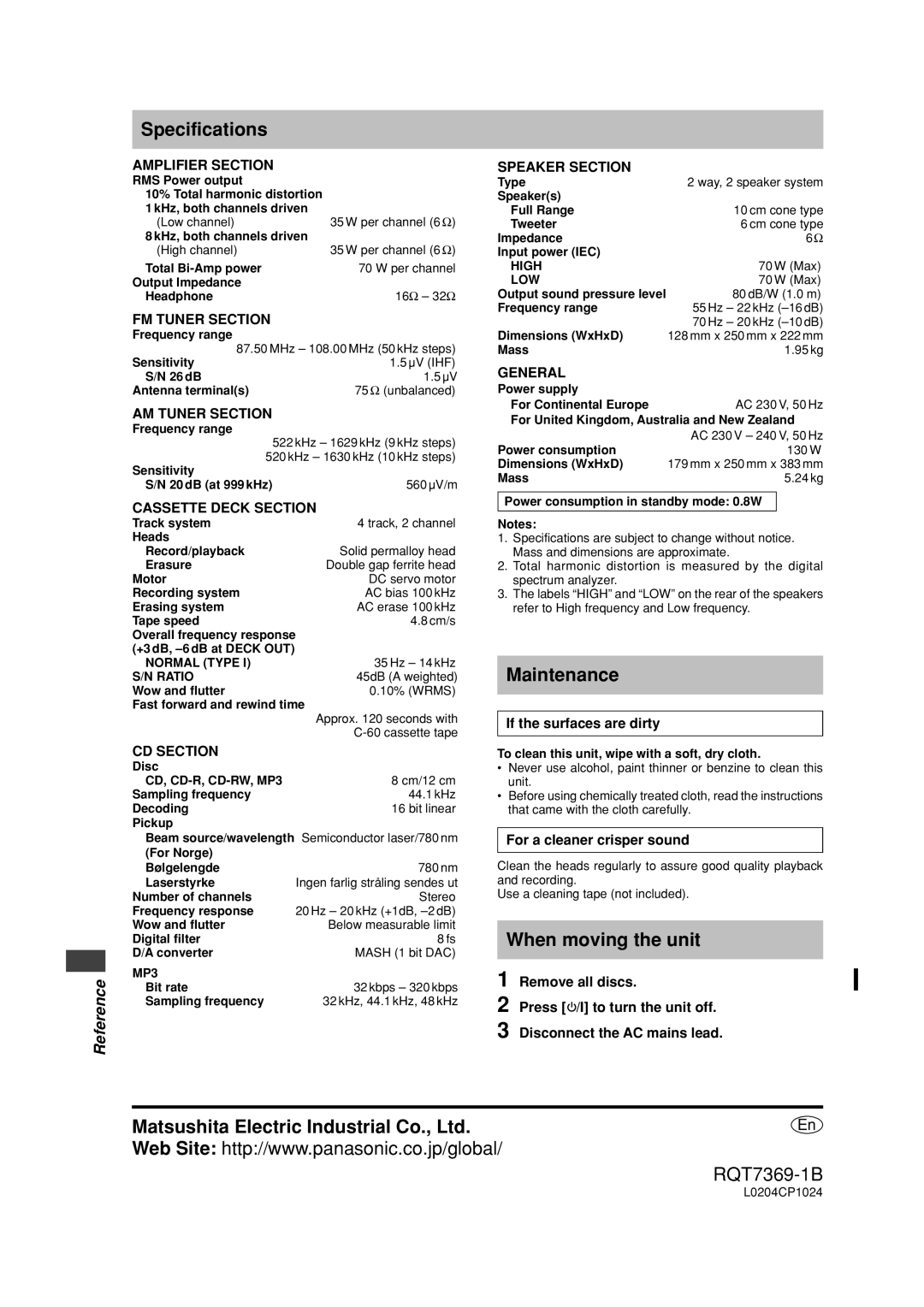 Panasonic SCPM19 Specifications, Maintenance, When moving the unit, If the surfaces are dirty, For a cleaner crisper sound 