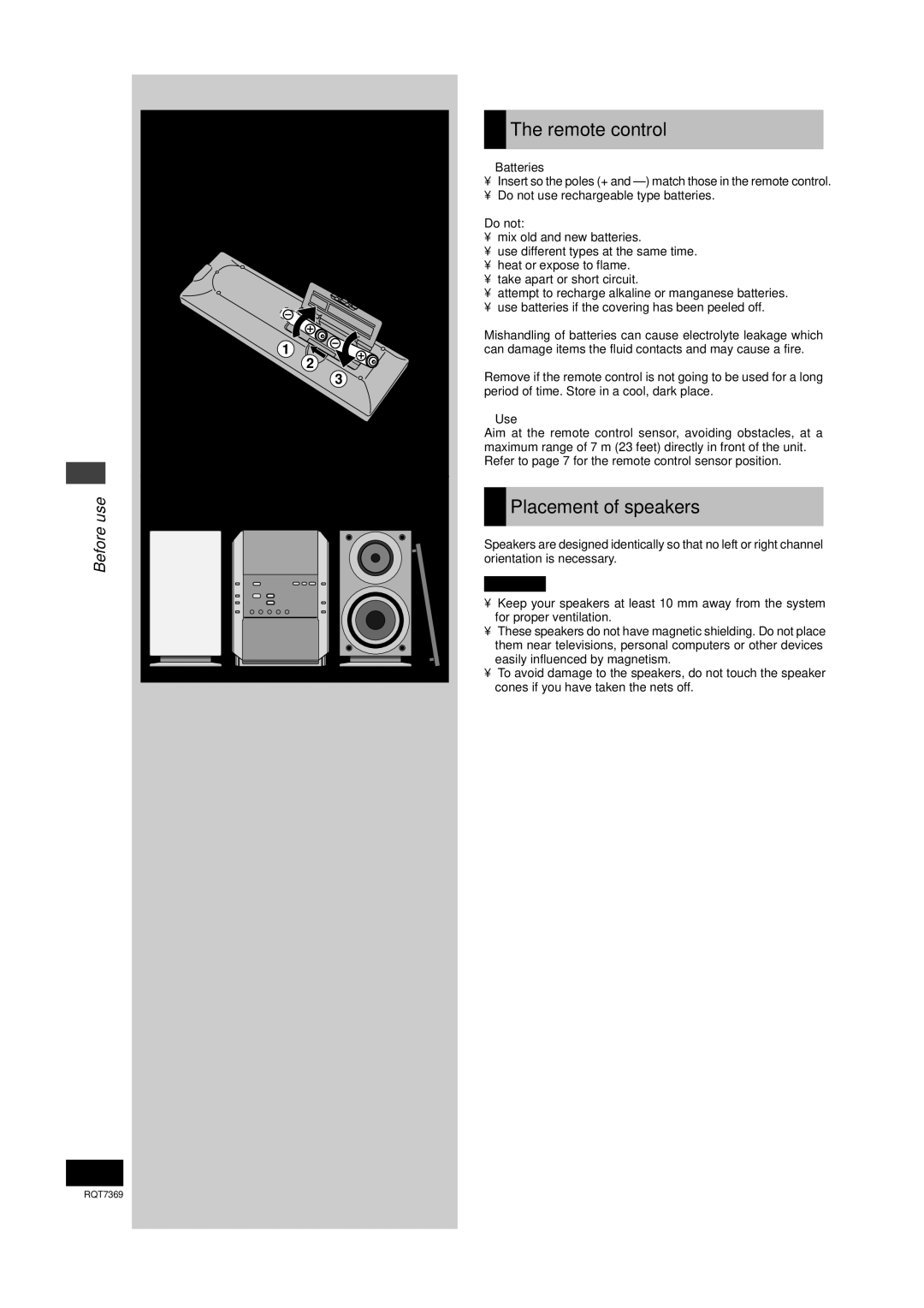 Panasonic SCPM19 operating instructions Remote control, Placement of speakers, Beforeuse 