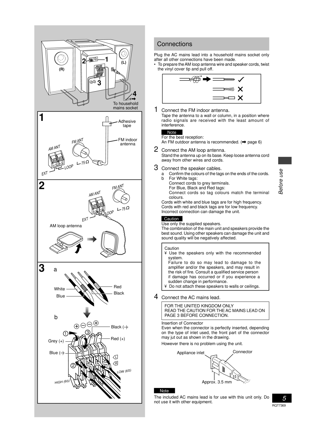 Panasonic SCPM19 Connections, Connect the FM indoor antenna, Connect the AM loop antenna, Speaker cables 