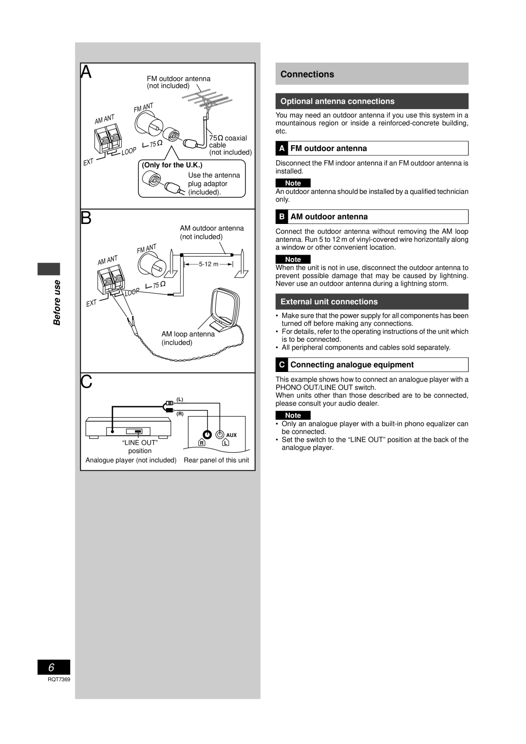 Panasonic SCPM19 operating instructions Before, Optional antenna connections, External unit connections 