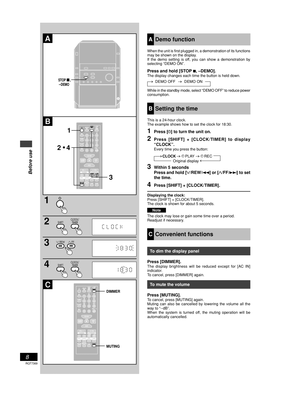 Panasonic SCPM19 Demo function, Setting the time, Convenient functions, To dim the display panel, To mute the volume 