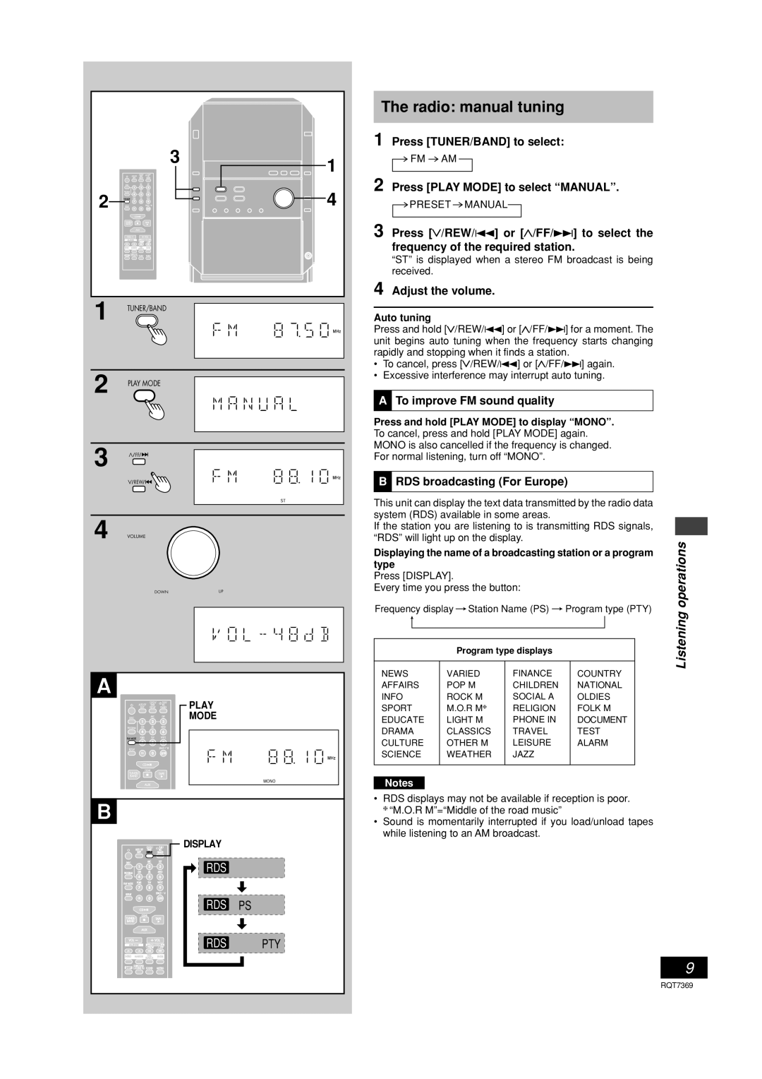 Panasonic SCPM19 operating instructions Radio manual tuning, Listening 