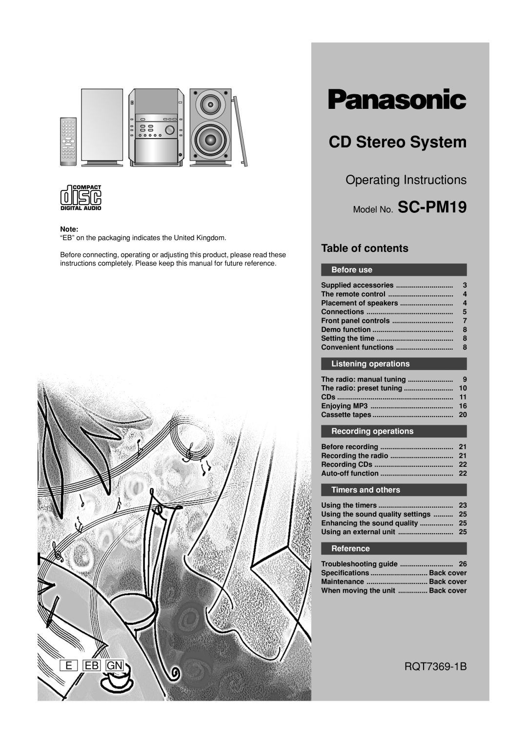 Panasonic SCPM19 operating instructions Operating Instructions, Table of contents, E Eb Gn, RQT7369-1B, Model No. SC-PM19 