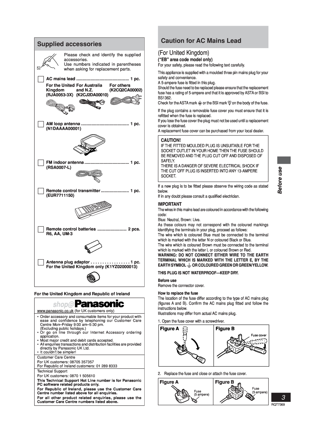 Panasonic SCPM19 Supplied accessories, Caution for AC Mains Lead, For United Kingdom, “EB” area code model only, Figure A 